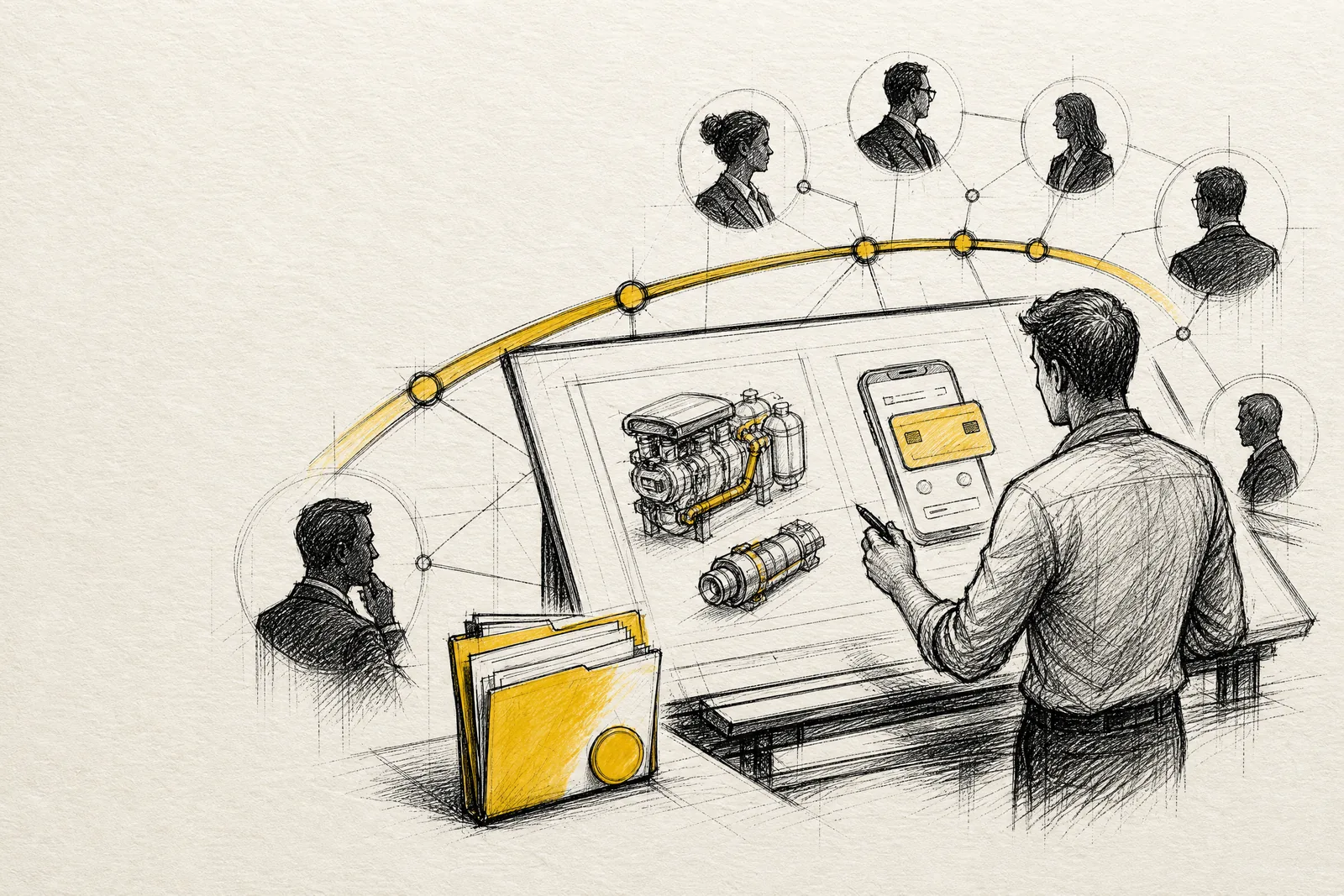 Ilustración manual de una empresa tecnológica conectándose con una red de capital